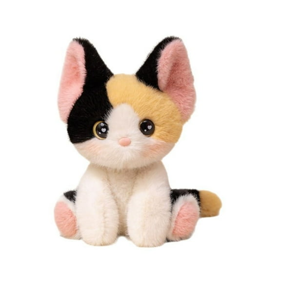 Cute Devon Cat Plush Toy, Tricolor White Black Siamese Cat Stuffed Animal, 9.5in Soft Foam Filled Sitting Plushie, Gift Box Packaging for Kids & Cat Lovers