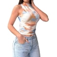 thumbnail image 3 of Womens Summer Floral Mesh Sleeveless High Neck Ruched Slim Fitted Casual Tank Top Going Out Tops Orange Blue XXL, 3 of 9