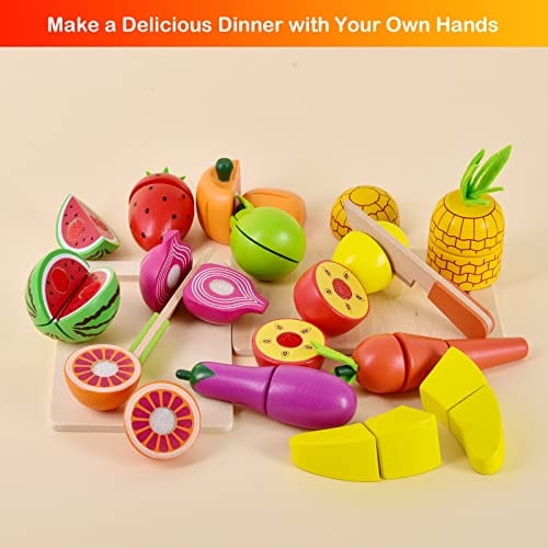 35 piezas de comida de juego de madera para niños cocina, juguetes de corte simulado con b Fun Little Toys FUN LITTLE TOYS