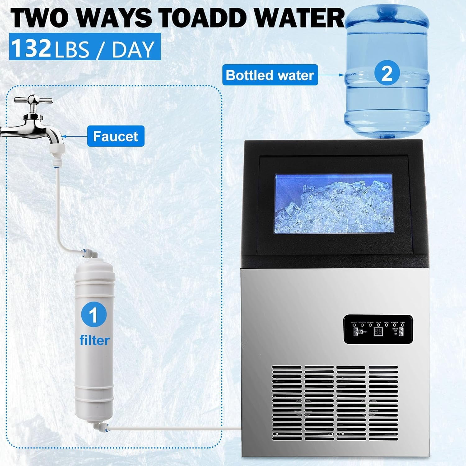 SHZOND 132lbs/24H Commercial Ice Maker, 33LBS Storage Stainless Steel Ice Maker Machine,  Top Loading Under Counter Ice Maker for Restaurant, Office,Home