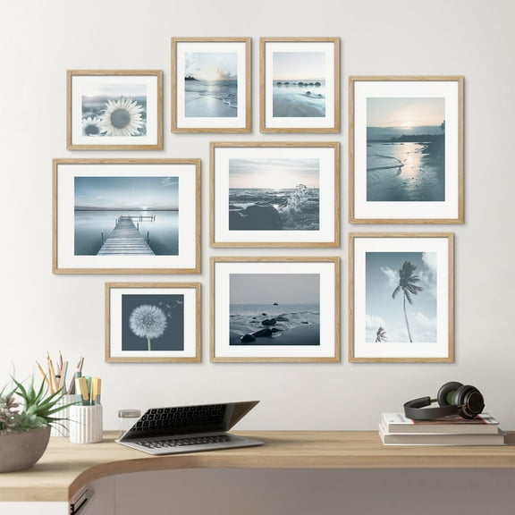 PixonSign Framed Canvas Print Wall Art Set - Ocean Beach & Botanical Floral Landscapes Poster Modern Art - Gallery Set of 9 Nature Wilderness Photography Art Wall Décor for Home Decor - Natural