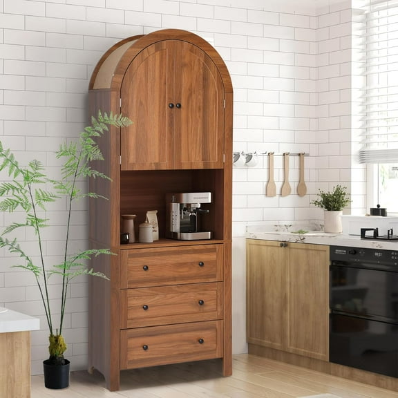 71” Tall Arched Storage Cabinet with Drawer,Farmhouse Arched Bookcase with Door,Freestanding Arch Tall Pantry with Countertop for Kitchen Living Room (Walnut, 71inch)