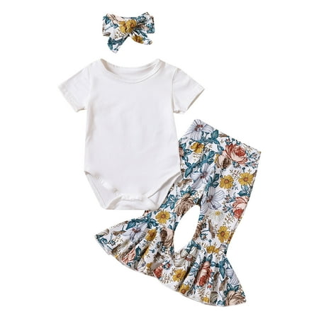 

BSDHBS Children s Clothing Girls Short Sleeve Romper Bodysuit Floral Prints Bell Bottoms Pants Headbands Outfits