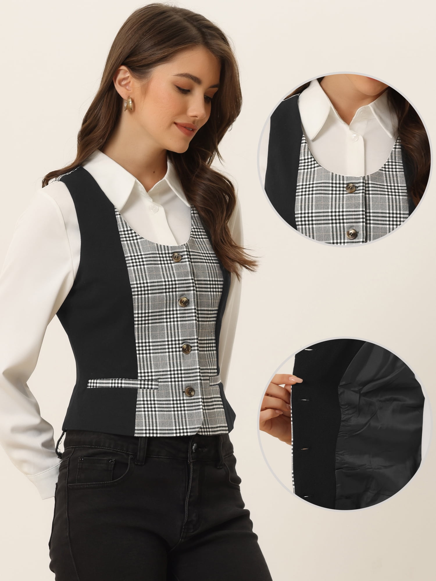 DARING DIVA Women's Vintage Waistcoat Vest Plaid Button Down Vests XS Black