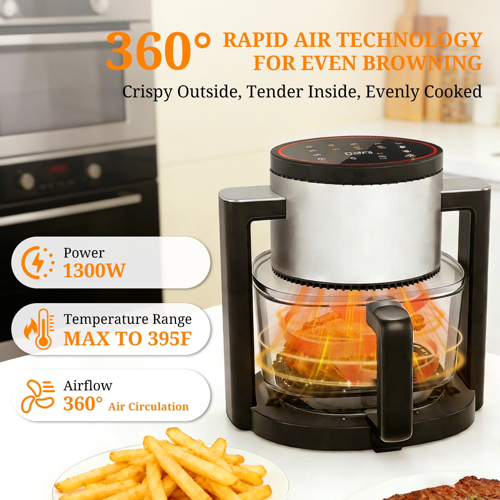 Atilioo 4.7 Qt Glass Air Fryer with 10 Presets Digital Touch, Compact Design, Quick & Easy Meals in Minutes, Gray