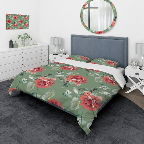Designart 'Red Flowers in Green Background' Traditional Duvet Cover Set