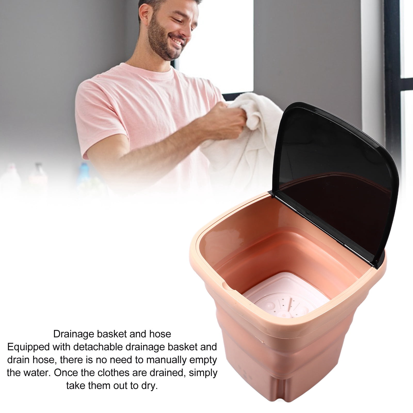 Riousery 15L Large Capacity Portable Washing Machine Foldable Compact Mini Laundry Washer for Underwear Pink Orange 13.8 inches / 35 cm