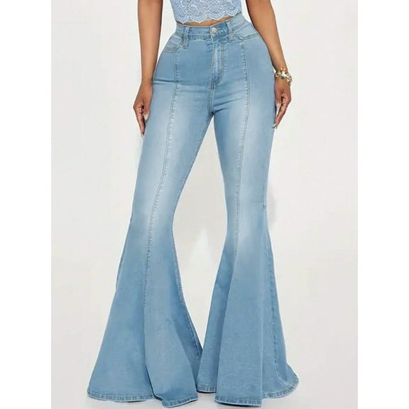 Women's Skinny Flared Jeans Slim Mid Waist Long Denim Pants Zipper Buttons Stylish Slim Jeans Pockets Light Wash