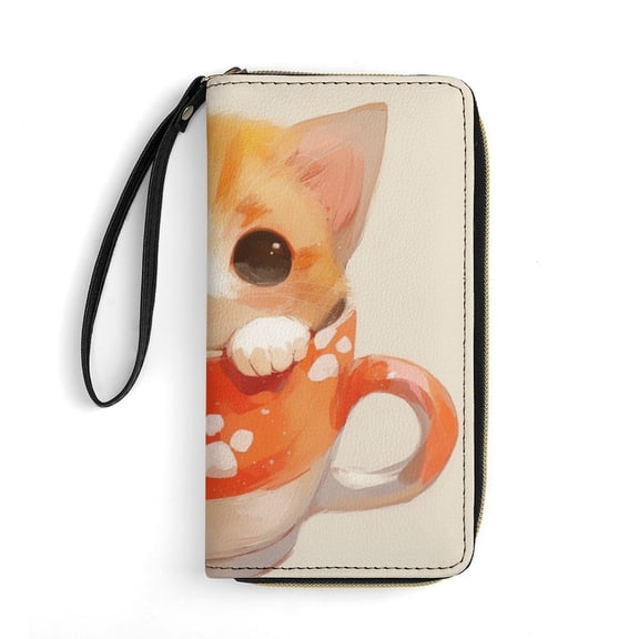 Womens Wallet Bifold Ladies Cluth Bag Wristlet Wrist Strap Long Purse Cute Cap Cup Design