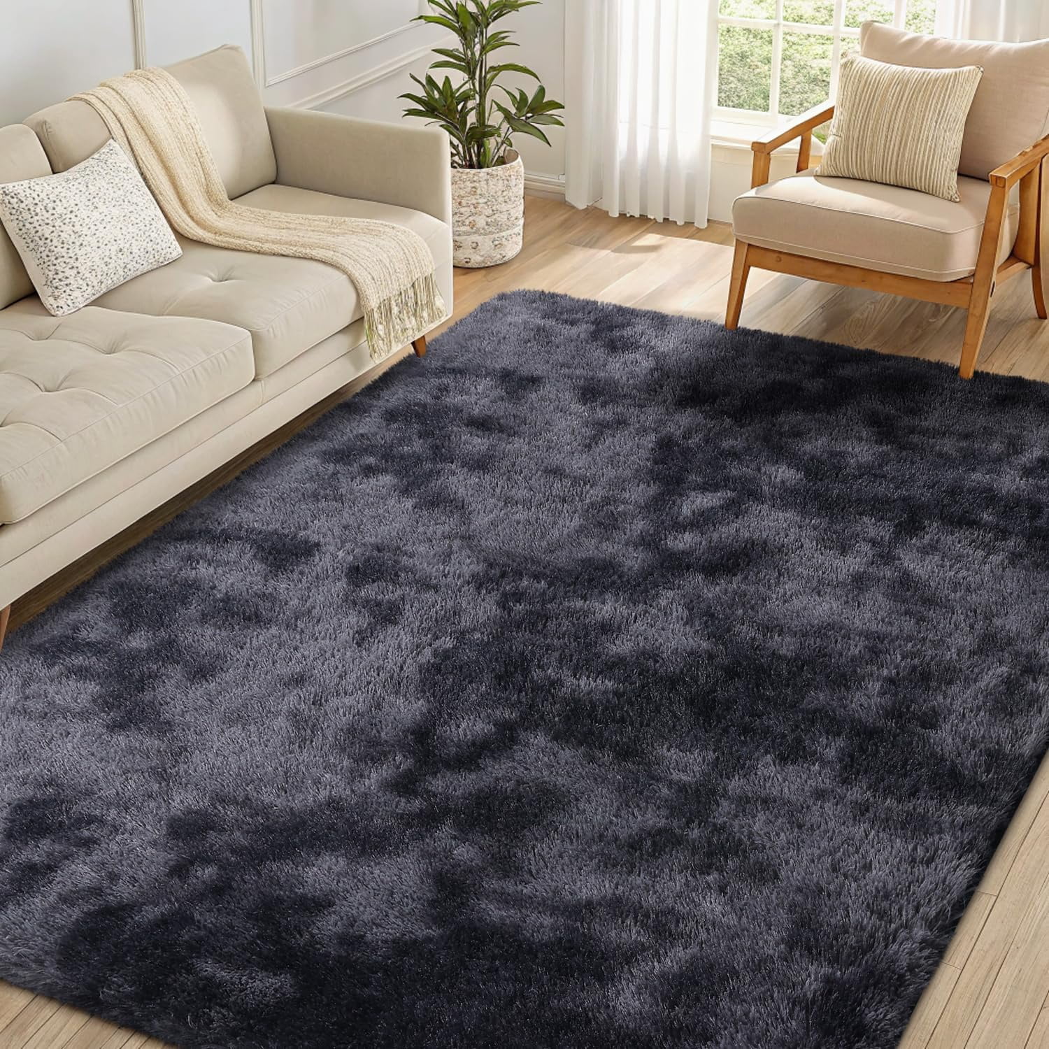Buganda Soft Shag Area Rug, Washable Non-Slip Rug for Living Room Bedroom, Modern Decor Carpet, 9'X12', Dark Grey