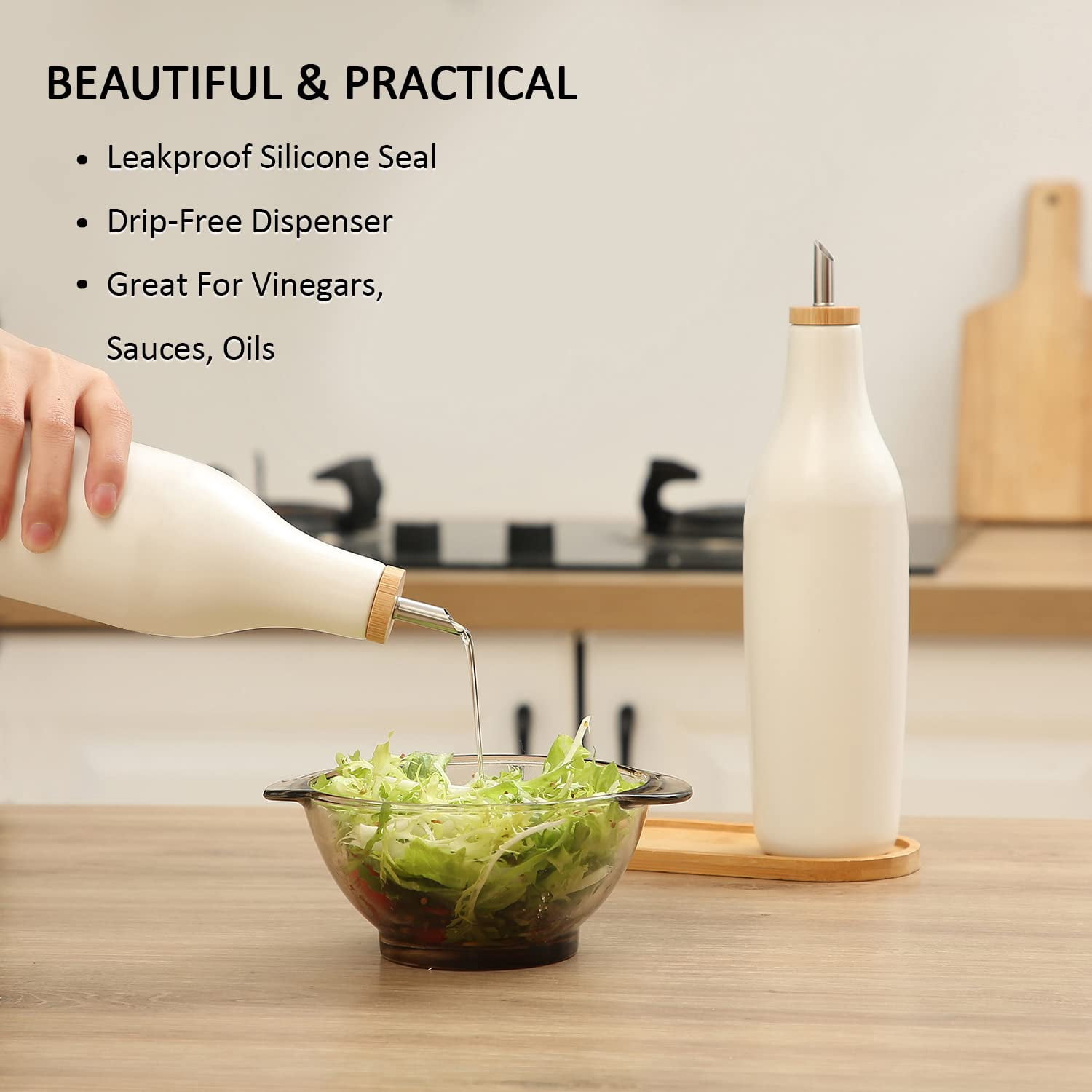 Ceramic Olive Oil Dispenser for Kitchen, Stoneware 16oz Oil Cruet and Vinegar Bottles Dispenser, Kitchen Dispenser Bottle for EVOO Vinegar Syrups, Modern Farmhouse Design(B-O)