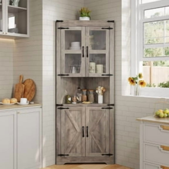 Ataucjin 67" Corner Storage Cabinet with Lights, Farmhouse Corner Hutch Display Cabinet with Glass Doors, Wooden Storage Organizer for Kitchen, Living Room, Bathroom