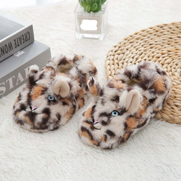 Hpapadks Girls Slippers Winter Warm Fuzzy Indoor Shoes with Sole Cute Snow Leopard Soft Comfortable Footwear Girls Shoes Brown