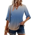 thumbnail image 4 of Womens 3/4 Length Sleeve Tunic Tops Casual Gradient V Neck Shirts Business Work Blouses Trendy Flowy Tees Blue L, 4 of 6