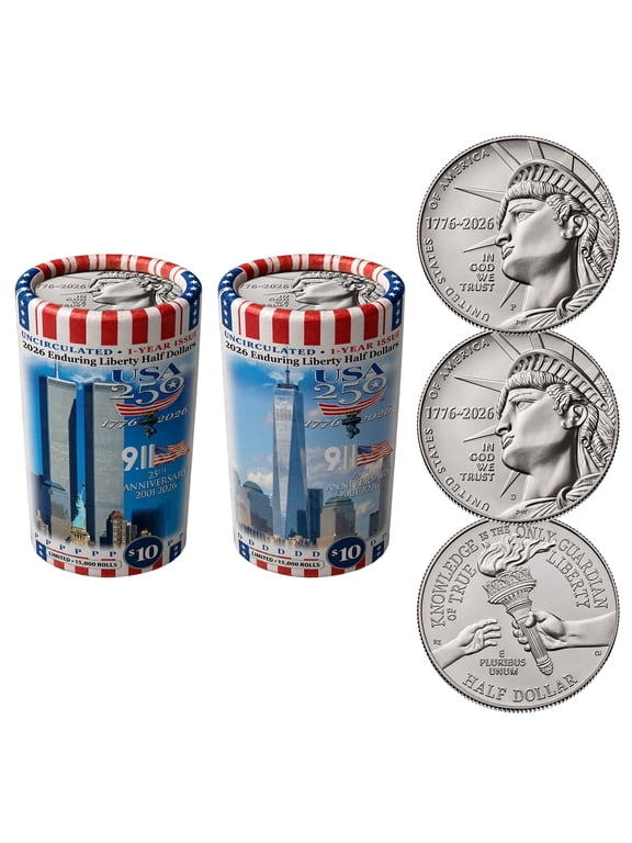 Collectible 2026 P & D Set Enduring Liberty USA 250 Half Dollar Rolls • World Trade Center 9/11 • 25th Anniversary Limited Edition