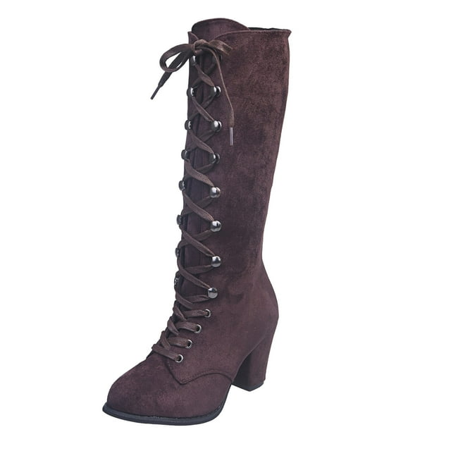 Kcodviy Femmes Décontracté Vintage Rétro Bottes Mi-Mollet pour Femmes à Lacets Talons Épais Moyens Chaussures Femmes Mi Femmes Mi Femmes Mi