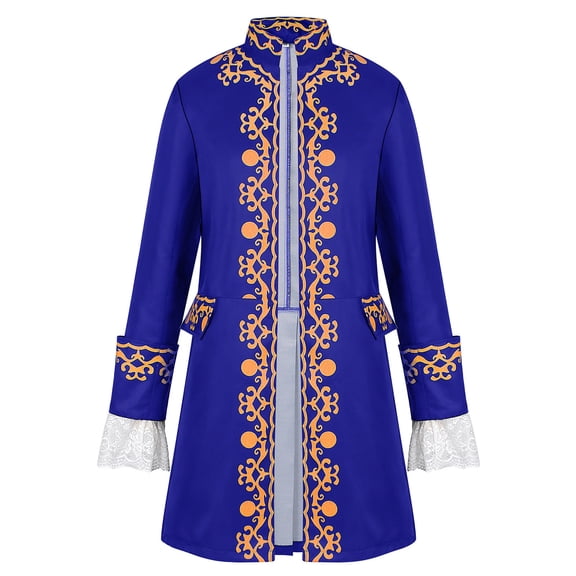 Kalauyu Mens Mid Long Costume Coat Colonial Print Stand Collar Lace Cuff Formal Jacket Formal Halloween Renaissance Cosplay Party Tailcoat