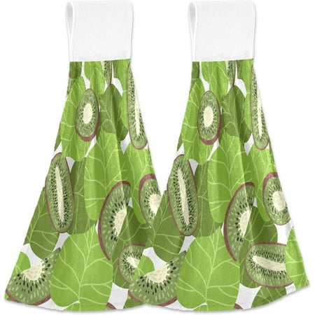 

Anyway.go Green Kiwifruit Pattern Kitchen Hanging Hand Towels Absorbent Tie Towel with Loop 2 PCS Kitchen Linen Sets for Bathroom Restroom Home Decor