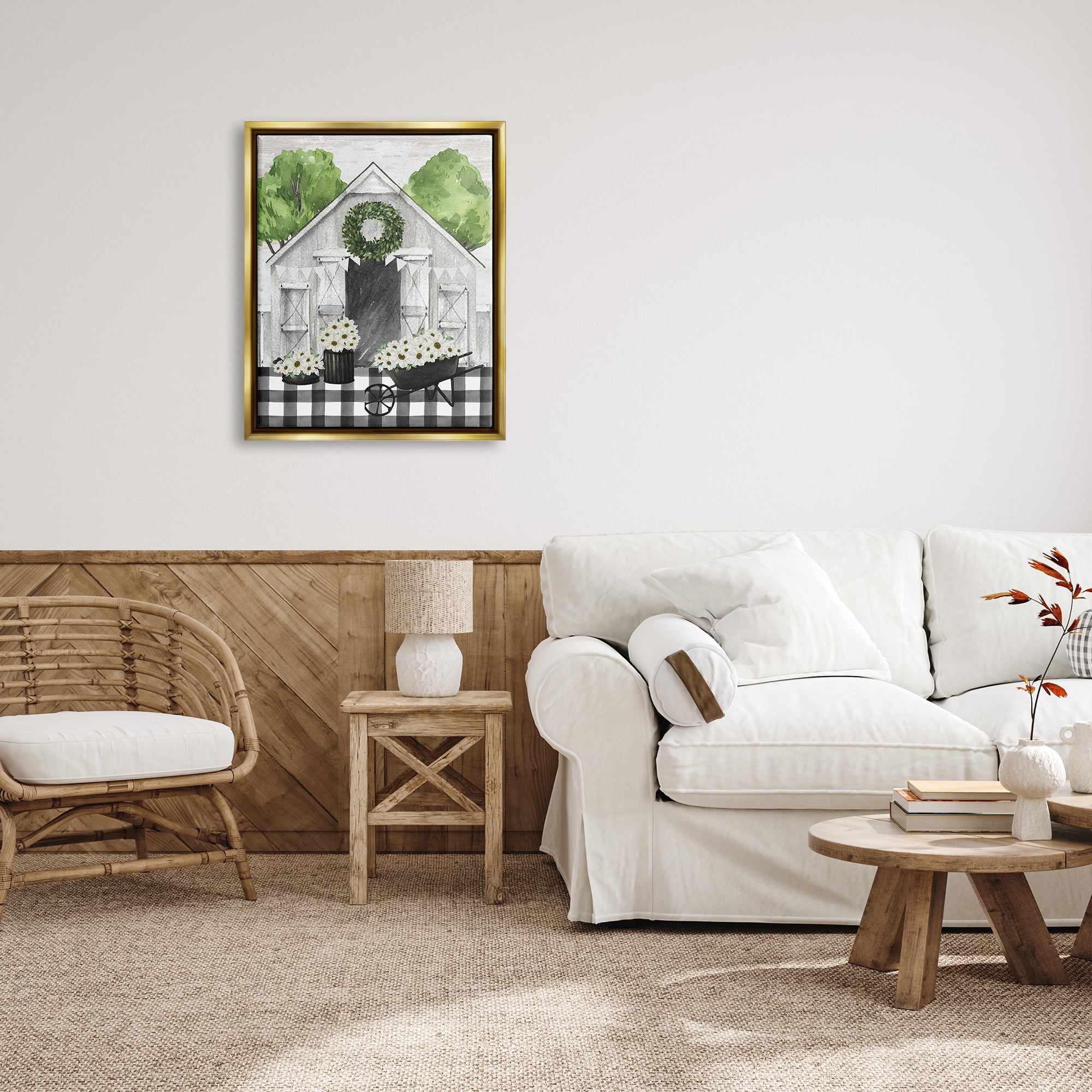 Stupell Industries Plaid Barn with Floral Wagon Botanical & Floral Painting Gold Floater Framed Canvas Art Print Wall Art, 25 x 31