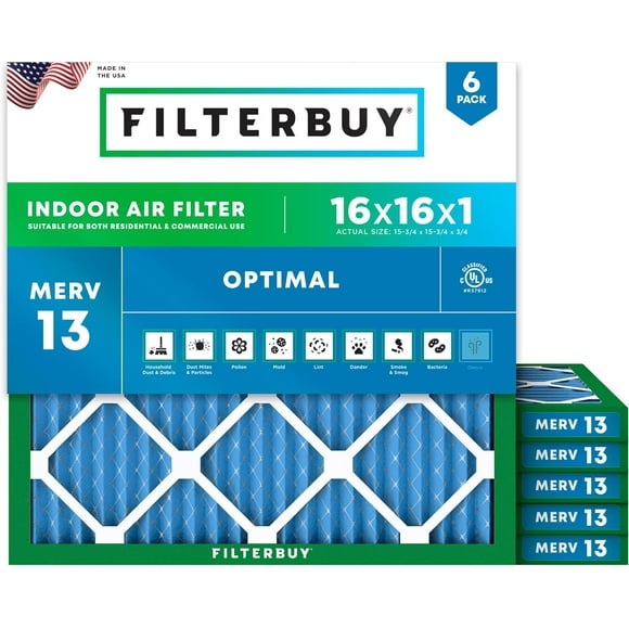 Filterbuy 16x16x1 MERV 13 Pleated HVAC AC Furnace Air Filters (6-Pack)