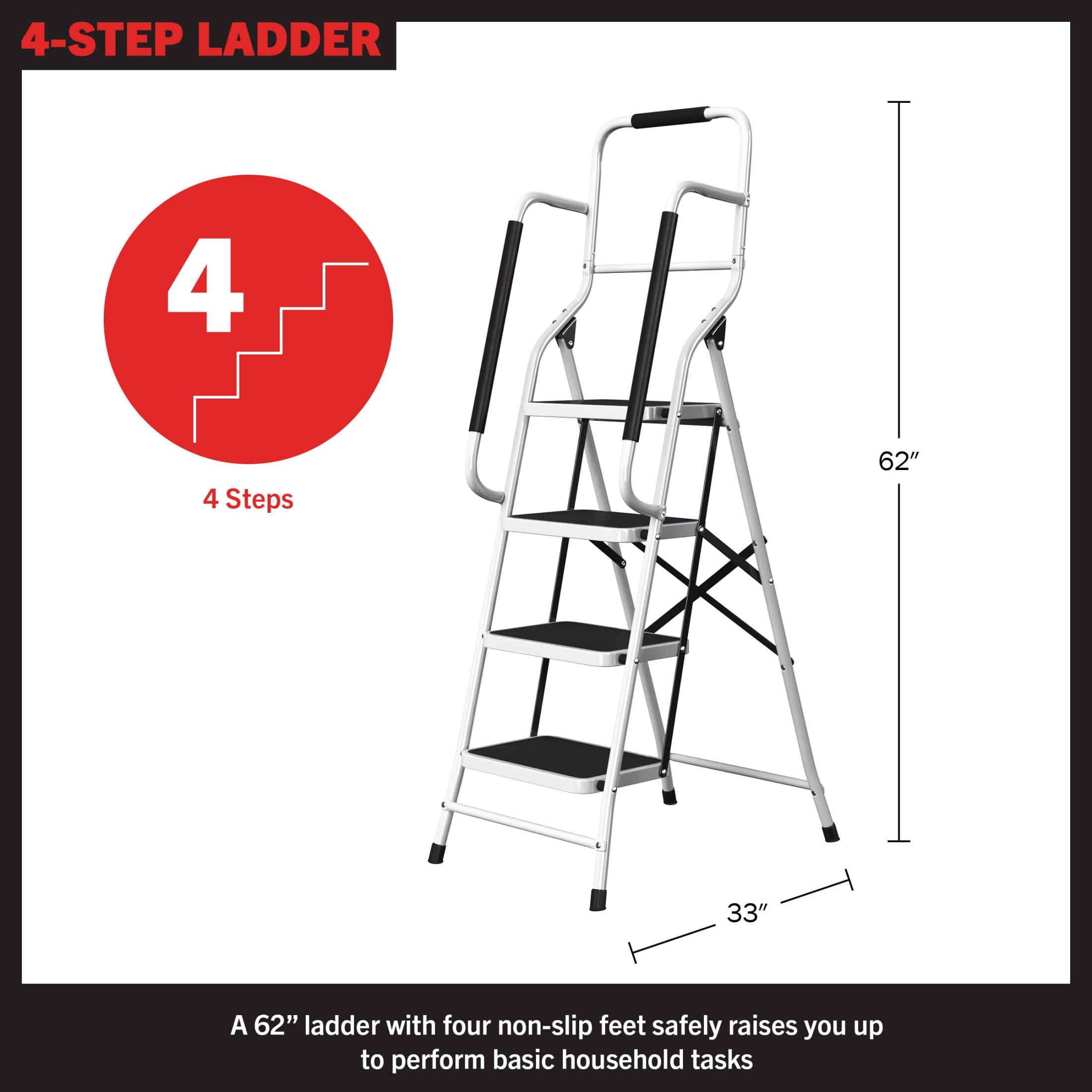 Stalwart 4 Step Stool Folding Ladder with Handrails and Attachable Tool Bag