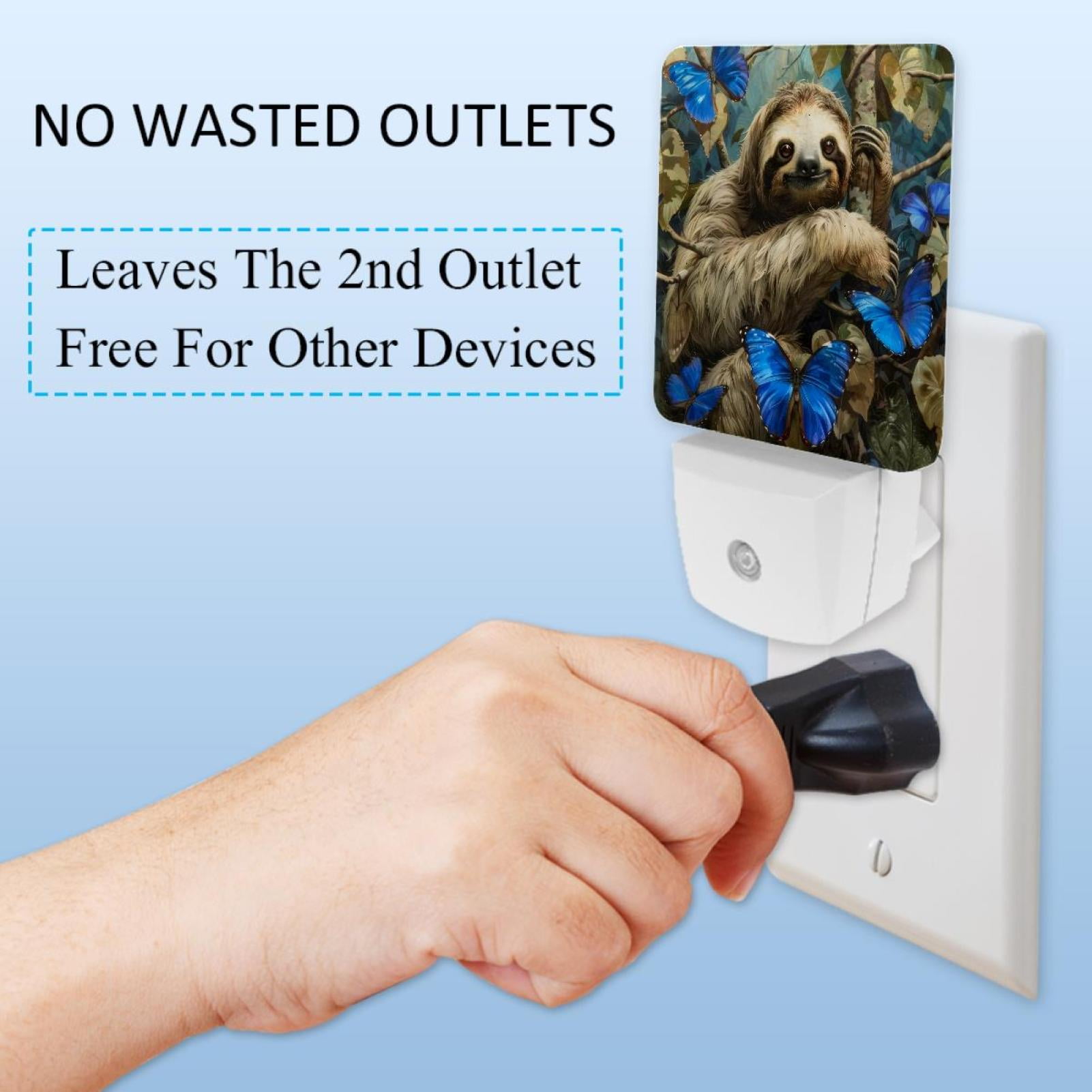 PhooArto Cute Sloth and Blue Butterflies Plug in LED Night Light Auto Sensor Dusk to Dawn Decorative Night for Bedroom, Bathroom, Kitchen, Hallway, Stairs, Baby's Room, Energy Saving