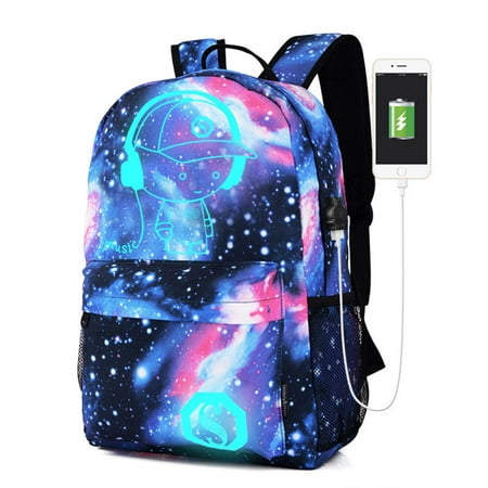 Galaxy School Bag Backpack Collection Canvas USB Charger for Teen Girls Kids Blue