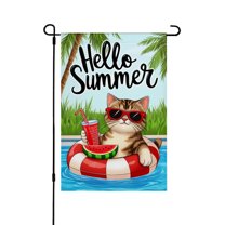 AMHNF Hello Summer Cat in Pool Linen Garden Flag for Spring Summer Home Outdoor Garden Yard Door Decor 12x18 inch