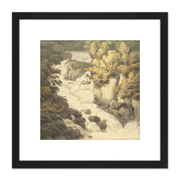 Abbott Waterfall Cascade Inveraray Scotland Painting 8X8 Inch Square Wooden Framed Wall Art Print Picture with Mount