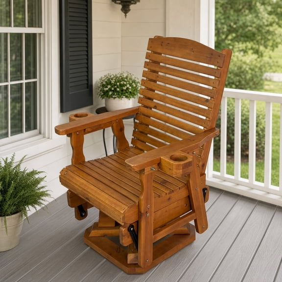 Mosbrisa Wooden Swivel Glider Chair, 360° Outdoor Patio Rocker with Ergonomic Design, Smooth Gliding Motion, Solid Fir Wood, Weather-Resistant PU Finish, Heavy Duty 500 lbs