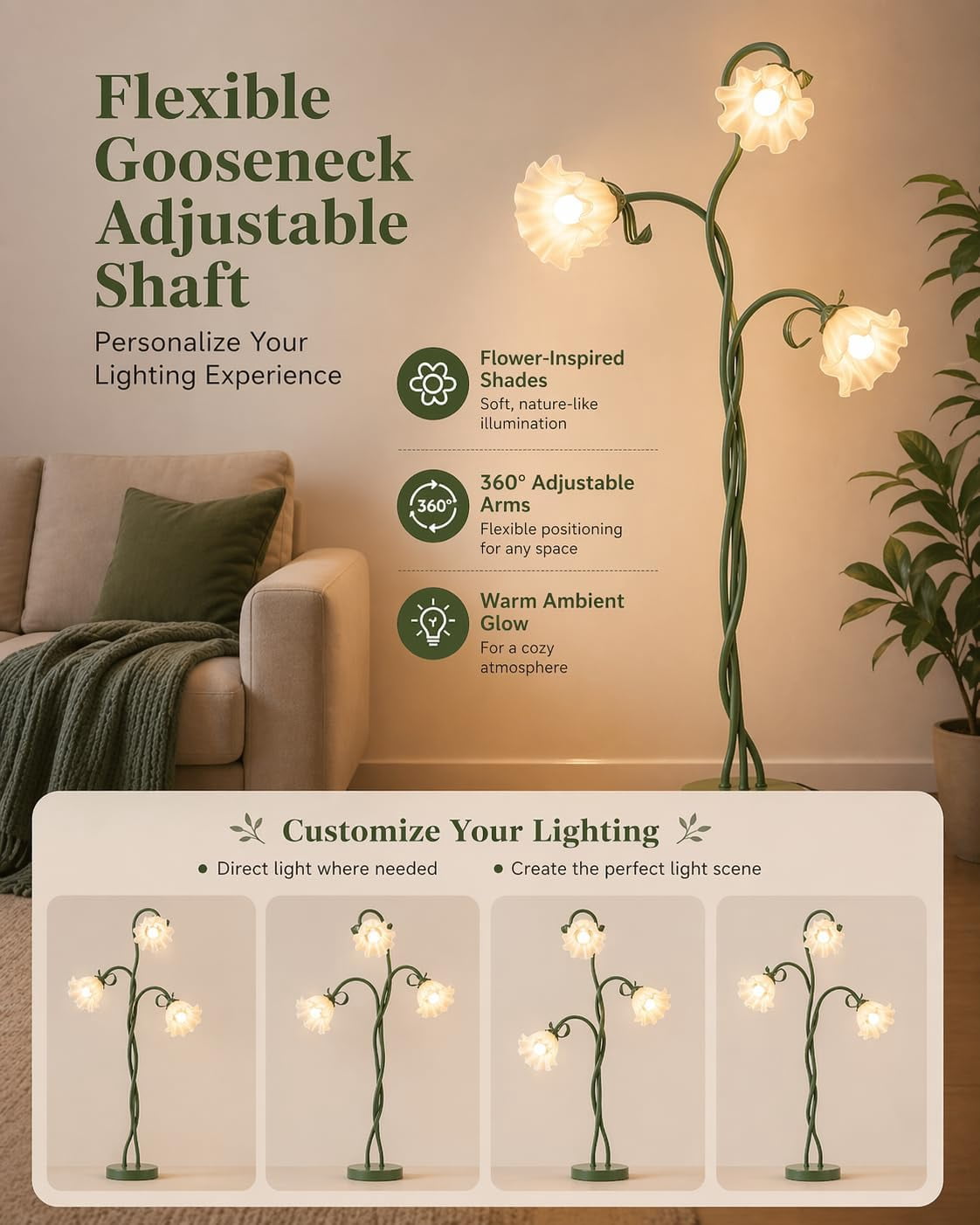 Flower Floor Lamp - Retirement Gift for Woman, LED Standing Lamp for Living Room 3 Color Modes Flexible Gooseneck Corner Light with LED Bulb for Home Bedroom Office Decor (Green)