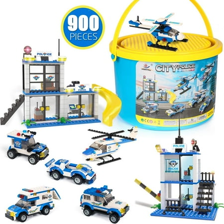 Exercise N Play City Police, City Police Station Building Kit, City Police Building Bricks Toy with Action Cop Car, Helicopter & Patrol Vehicles, Truck Toy for Kids Boys Girls 6-12