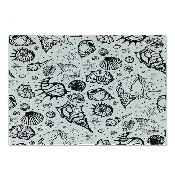 Sea Shells Cutting Board, Hand Drawn Monochrome Aquatic Elements with Dotted Backdrop Abstract Beach, Decorative Tempered Glass Cutting and Serving Board, in 3 Sizes, by Ambesonne