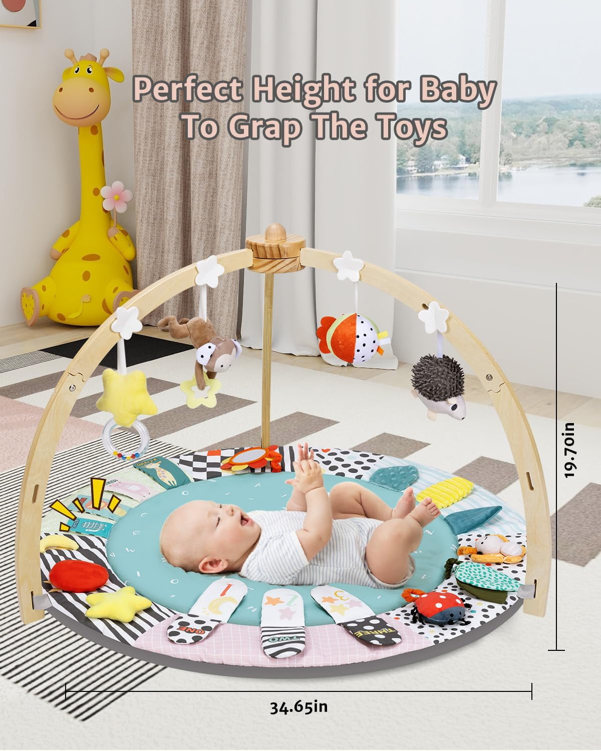 PRVAETU Wooden Baby Gym Play Mat, Foldable Tummy Time Playmat W/ 7 Detachable Toys for Infant Newborn Toddler Motor Skills Sensory Development,Green