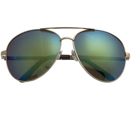 XL Extra Large Gold Frame Aviator Sunglasses Big Head Oversized Wide 62mm Mirror Men, Blue/Green