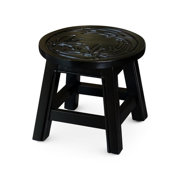 Carved Rubberwood Stool with Floral Design - Ideal for Child's Step Stool or Decorative Ottoman