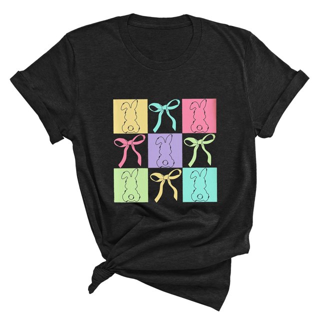 Plebaso T-Shirts de Pâques pour Femmes Manches Courtes Imprimés Graphiques Hauts Été Décontractés Amples