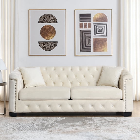 FFZ 77-Inch Chesterfield Velvet Sofa with Nailhead Arms and 2 Cushions, 3-Seater for Living Room, Beige