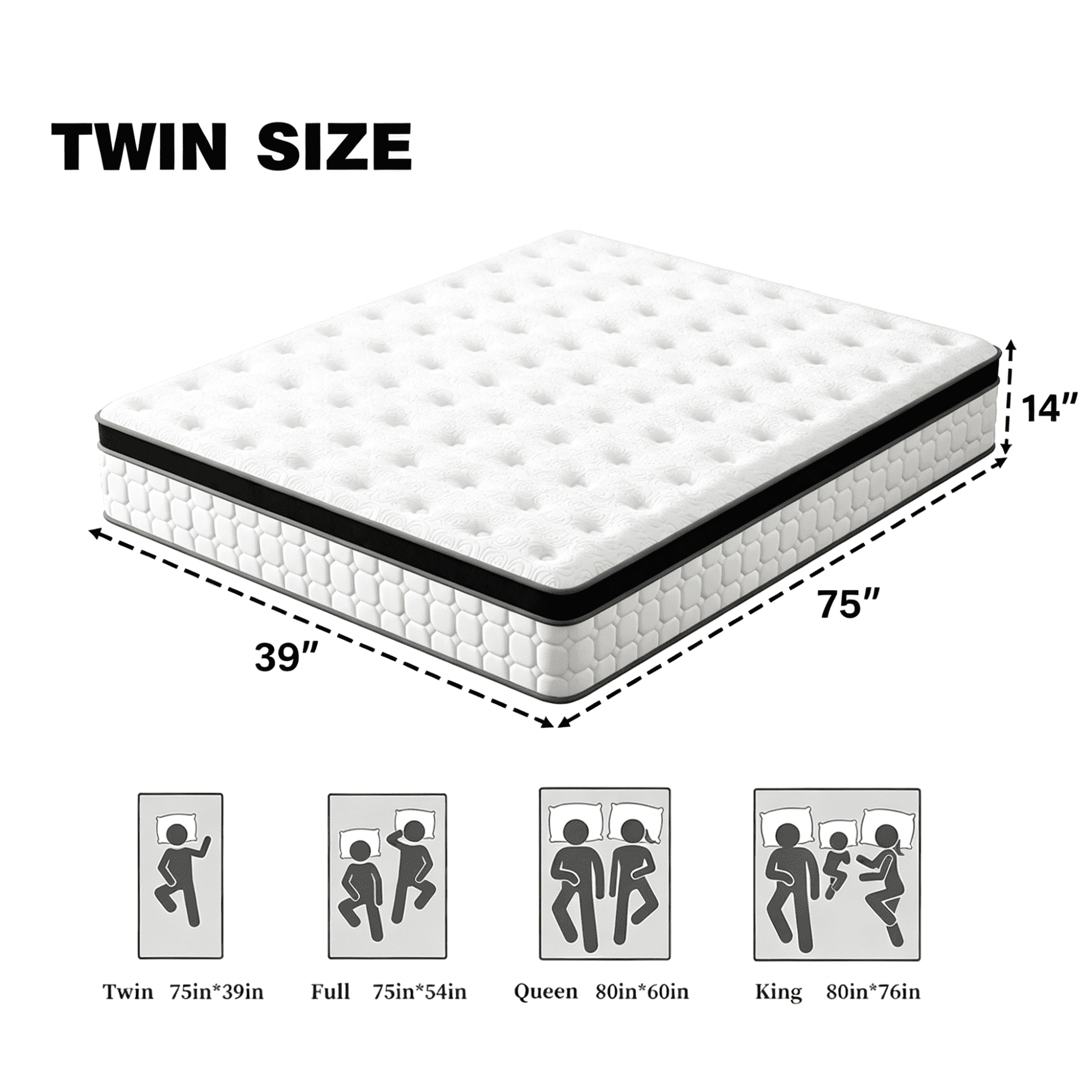 Tvdfgts 14 inch Twin Mattress, Cooling Gel Memory Foam Mattress in a Box, Individual Pocket Spring Hybrid Mattress with Pressure Relief & Motion Isolation, Soft and Comfort, Medium-Firm, CertiPUR-US