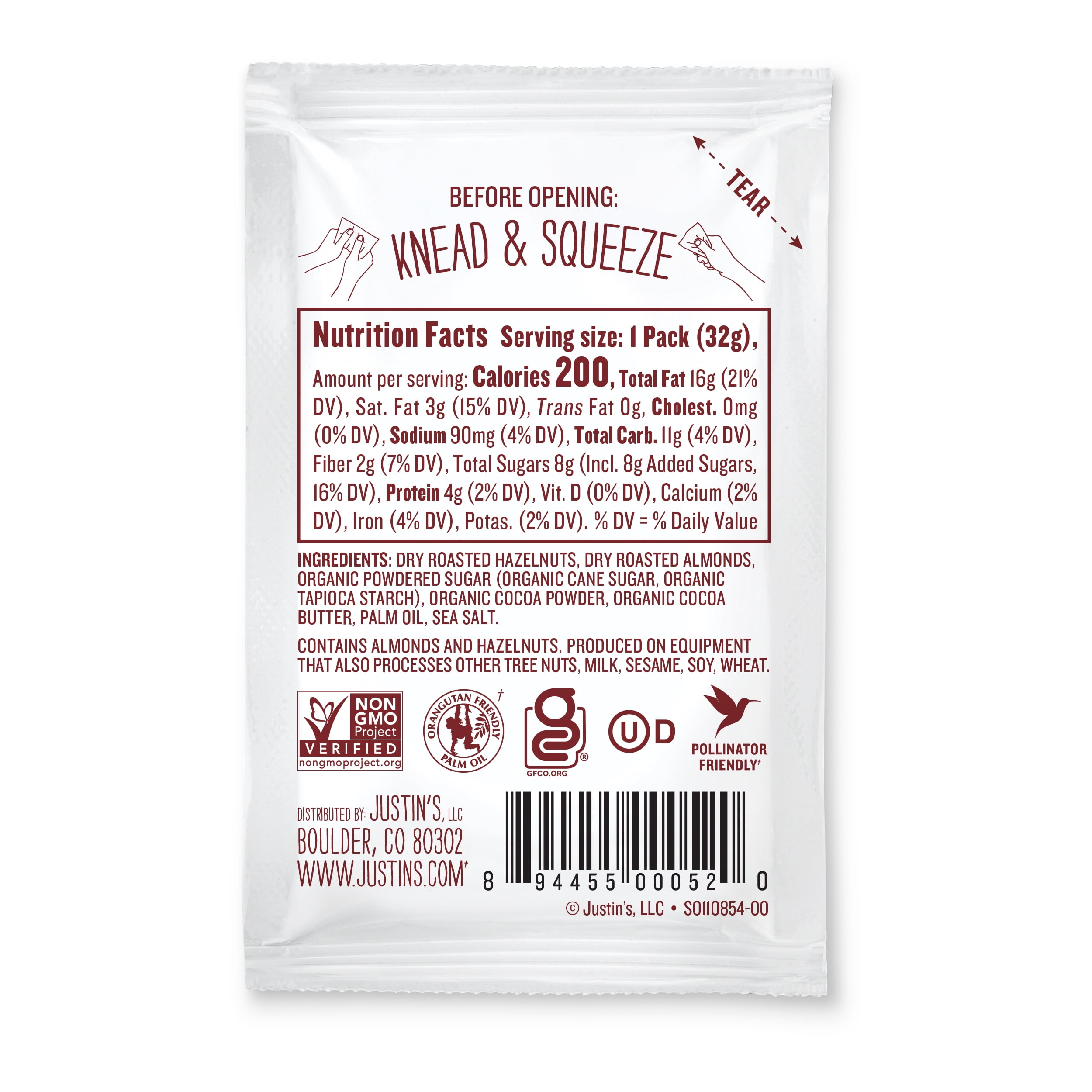 Justin's Gluten-Free Chocolate Hazelnut Butter Squeeze Pack, 1.15 oz (10 Pack)
