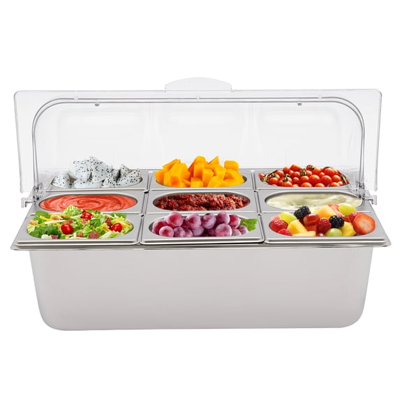 Countertop Ice Food Serving Display Container, 9 Compartments Condiment Dispenser with Lid, Pans, 9 Clamps, 9 Spoons and Ice Packs, Condiment Tray with Ice Chamber for Buffet Restaurant Kitchen