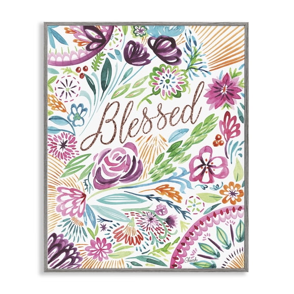 Stupell Industries Eclectic Blessed Whimsical Flower Shapes Gray Framed Giclee Art, 11 x 14, by Cherish Flieder