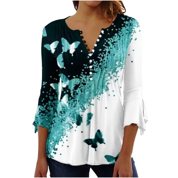 Blusa de verano para mujer con estampado de pliegues sexy y mangas 3/4 con cuello en V y botones OAVQHLG3B Store lin121212