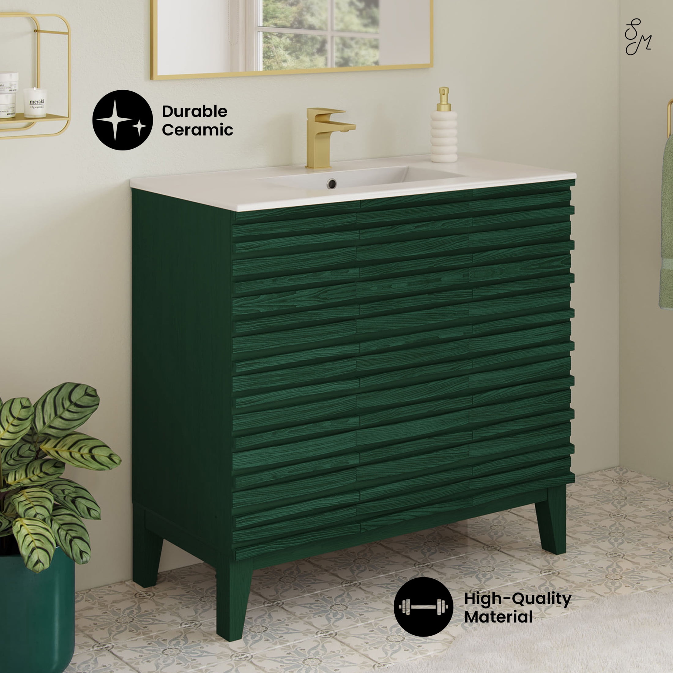 Cascade 36" Freestanding Bathroom Vanity in Green Oak with Sink Top