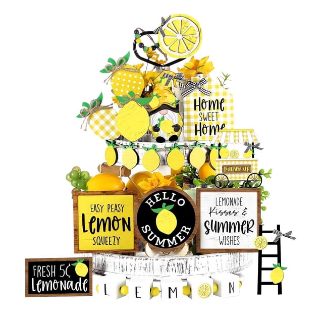 Autumn Clearance Summer Lemon Tiered Tray Decor Set Wood Sign Rustic Summer Home Table Decor