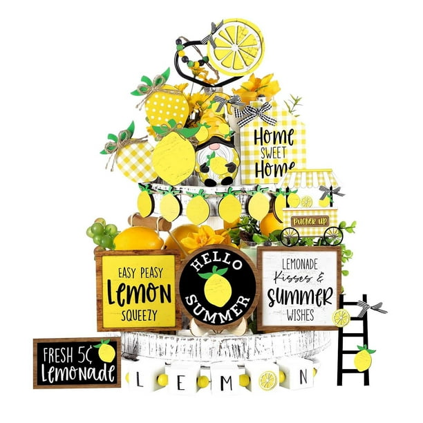 ¡Campaña con descuento!Conjunto de decoración de bandeja escalonada de limón de verano, letrero de madera, decoración rústica de mesa para el hogar de verano