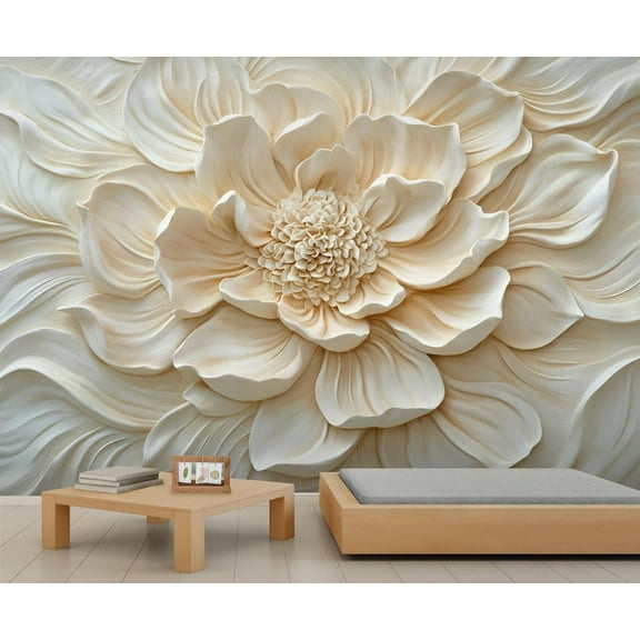Stereo White Flowers 3D Wallpaper, Relief Peony Flowers Photo Wallpaper, Nordic Modern Luxury Art Wall Decoration Wallpapers For Home Decor Living Room Bedroom 55"W x 28"H (Not Peel and Stick)