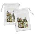 thumbnail image 1 of Cityscape Fabric Pouch Set of 2, Old Town Retro Art with Colorful Apartments Building Windows Balconies Chimneys, Drawstring Bag for Toiletries Masks and Favors, 9" x 6", Green Beige, by Ambesonne, 1 of 2
