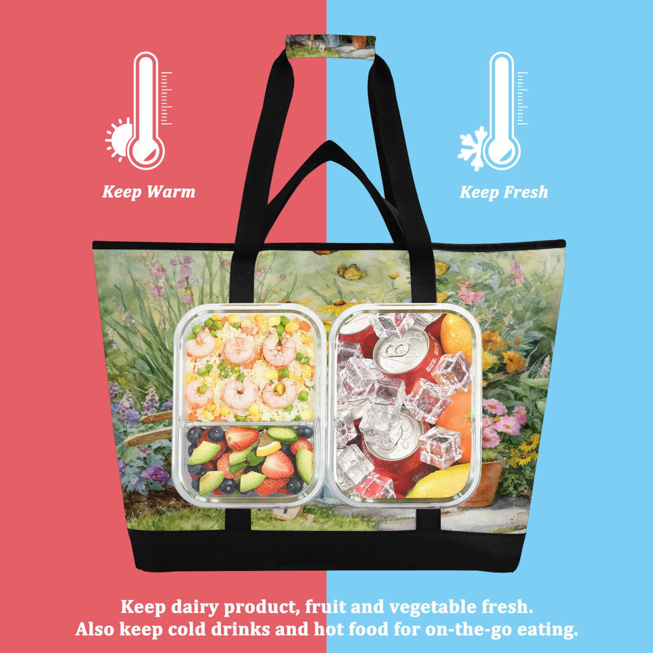 Extra-Large Wide Opening Design Capacity Hand-Held Ice Pack Thickened Insulation Layer For Long-Lasting Cold Retention For Outdoor Shopping Picnics And Camping A Colorful Garden Scene
