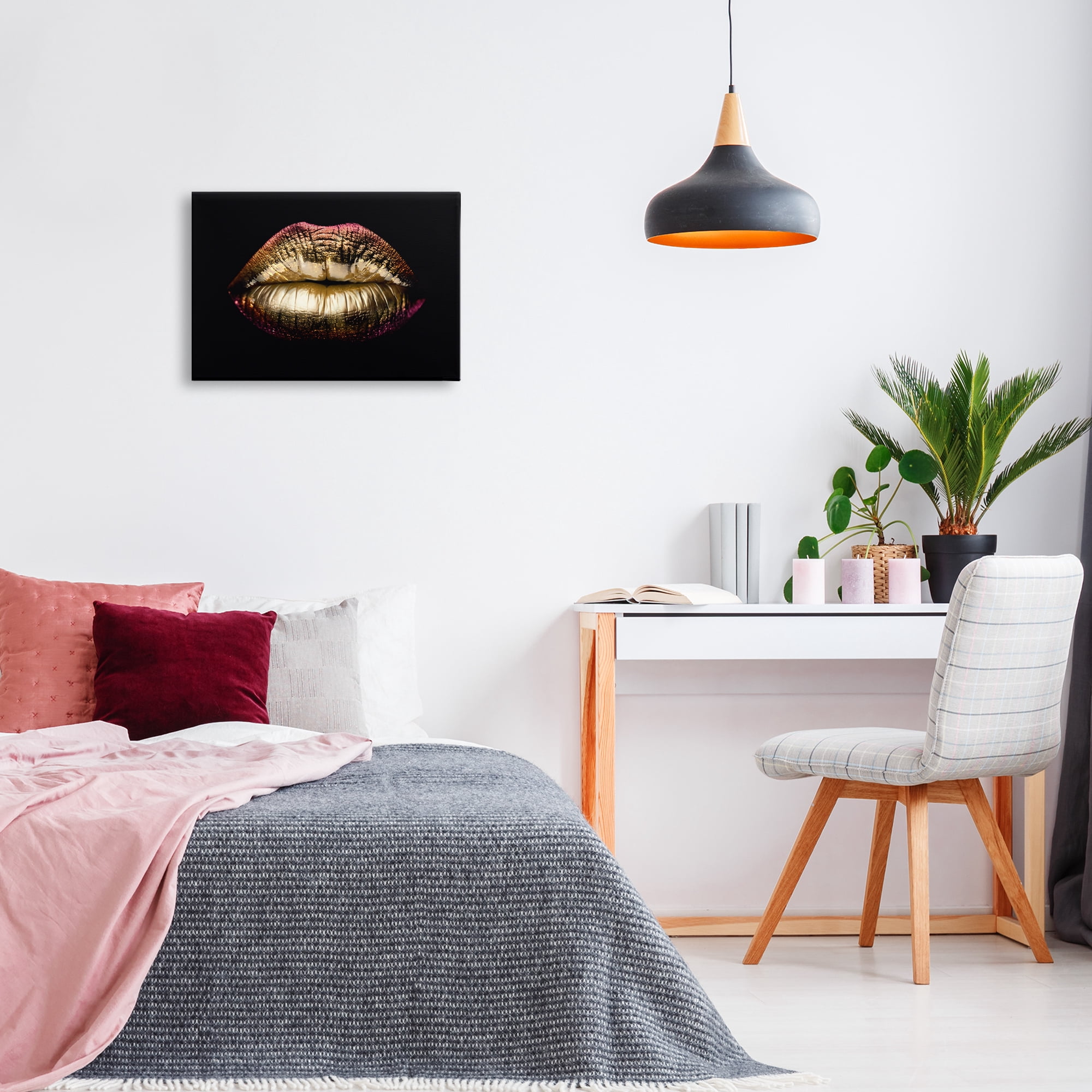 Stupell Industries Pink & Gold Lipstick Fashion Painting Wrapped Canvas Art Print Wall Art, 24 x 16